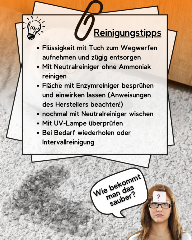 Reinigungsanleitung: Flüssigkeit aufnehmen, Ammoniak nutzen, UV-Lampe prüfen.