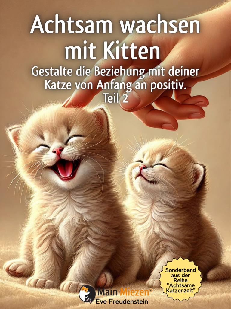 Zwei lächelnde Kätzchen mit einer Hand, die sanft berührt. Titel über positive Katzenbeziehung.