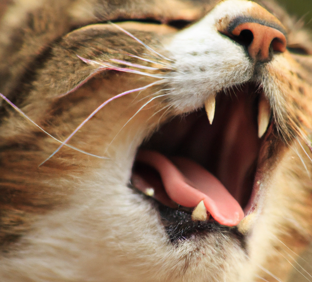 Ein Katzengesicht mit weit geöffnetem Maul und sichtbaren Zähnen, die Katze miaut und vokalisiert ständig und viel