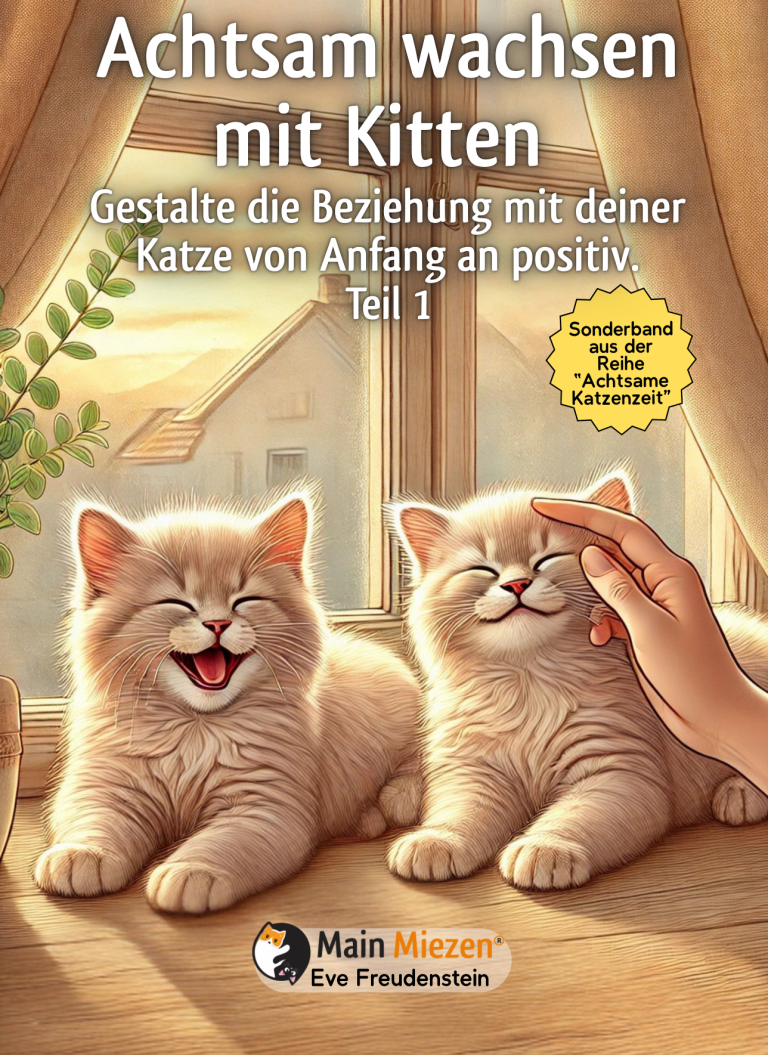 Zwei lächelnde Kätzchen mit dem Titel "Achtsam wachsen mit Kitten".