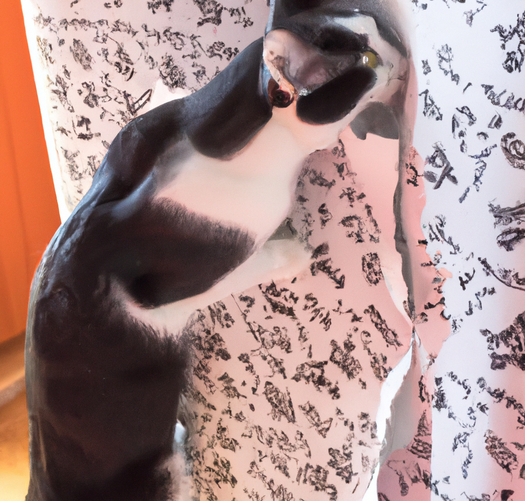 Schwarz-weißer Kater, der an einem mit Text bedruckten Objekt schnuppert und die Tapete zerkratzt, Katze zerstört Möbel