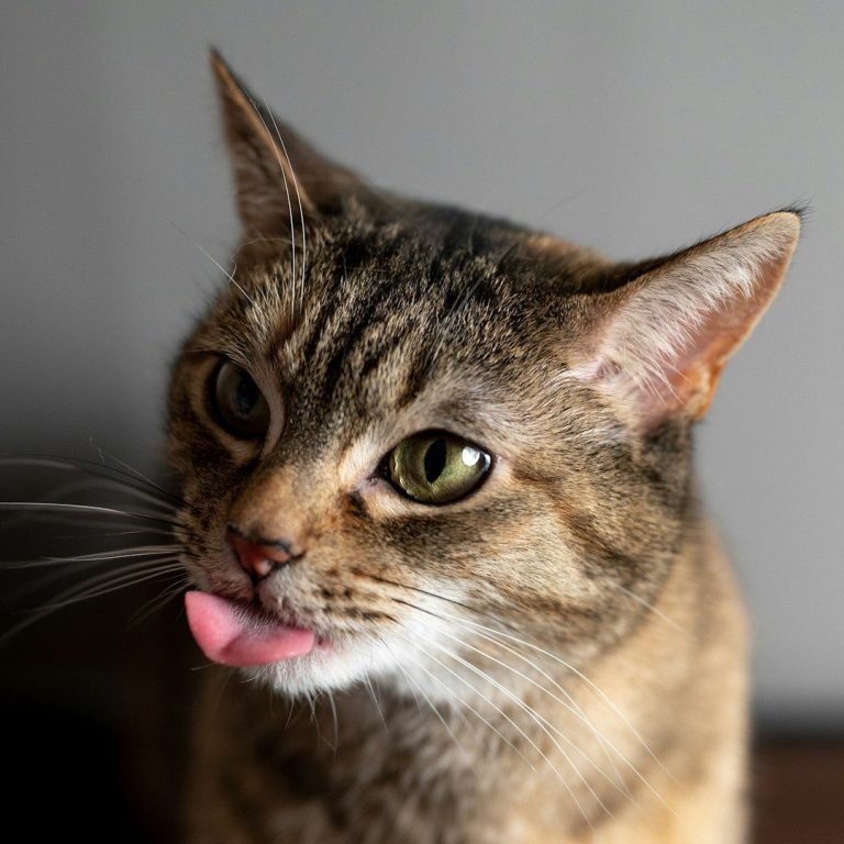 Eine Katze mit gestreckter Zunge und leuchtenden, grünen Augen.