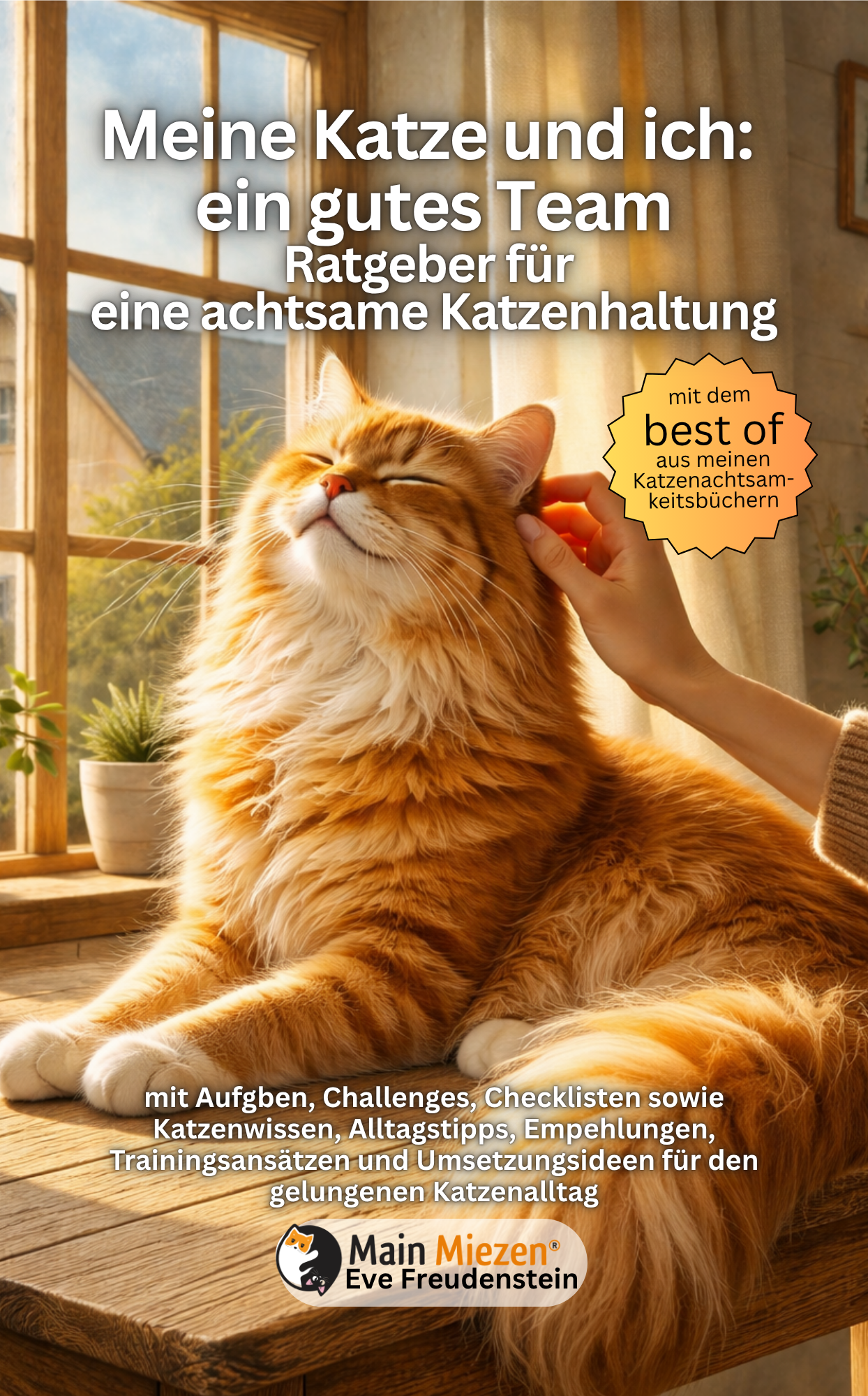 Eine orangefarbene Katze wird streichelt, daneben steht der Titel eines Buches zur Katzenhaltung.