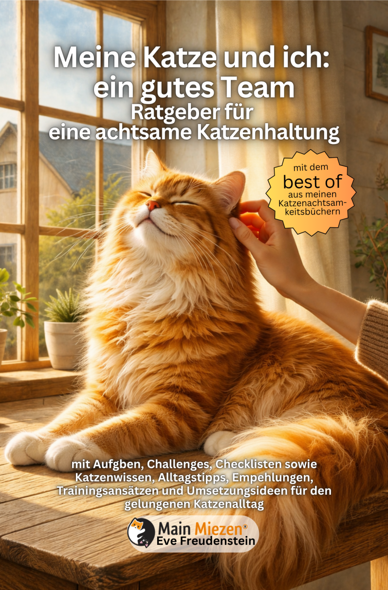 Buchcover über Katzenhaltung mit einer Katze auf einem Tisch und einer Hand, die sie streichelt.