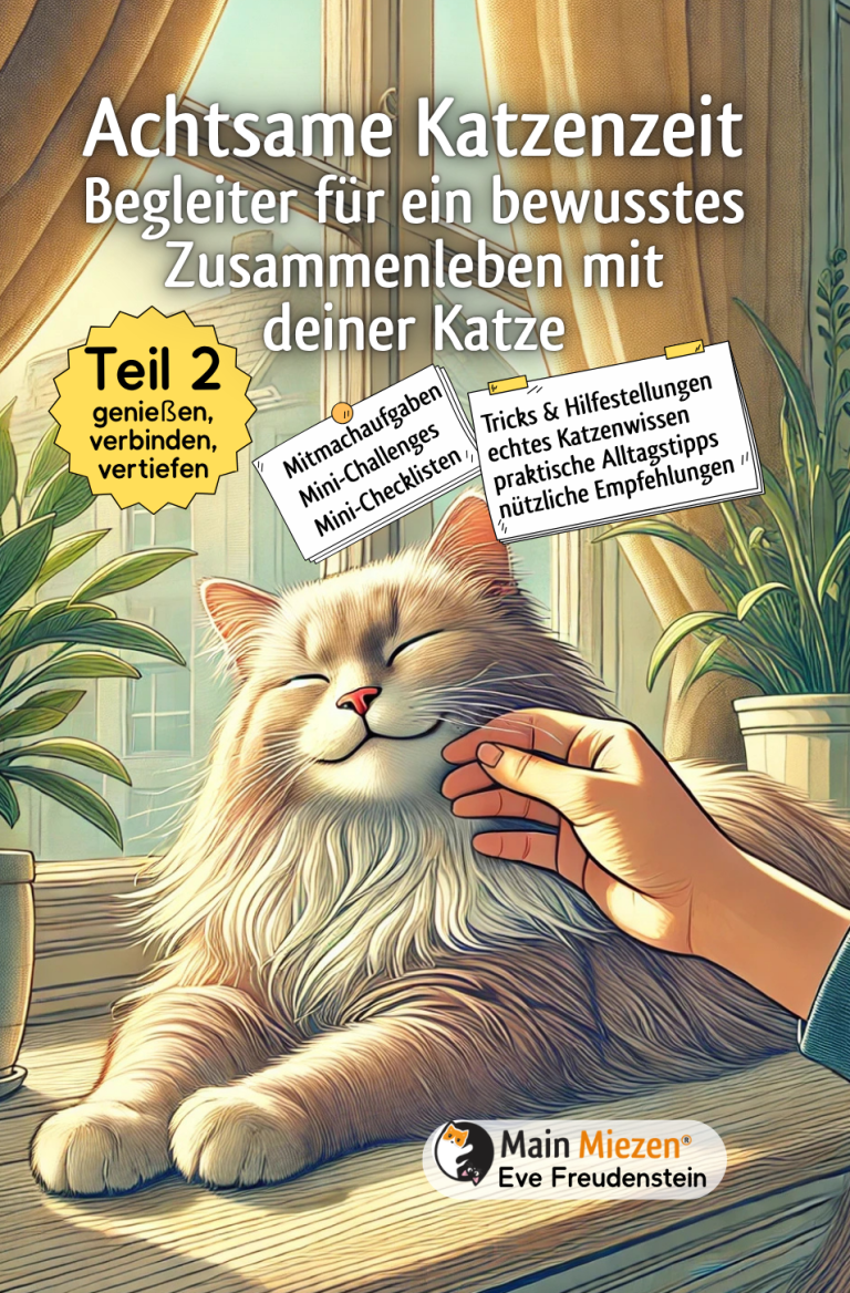 Katze auf einem Kissen, wird sanft gestreichelt, mit Buchcover im Hintergrund.