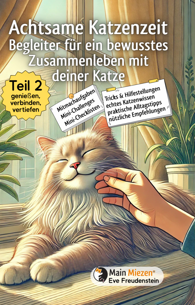 Titel "Achtsame Katzenzeit", zeigt eine Person, die eine Katze streichelt, mit Text über Bewusstheit.