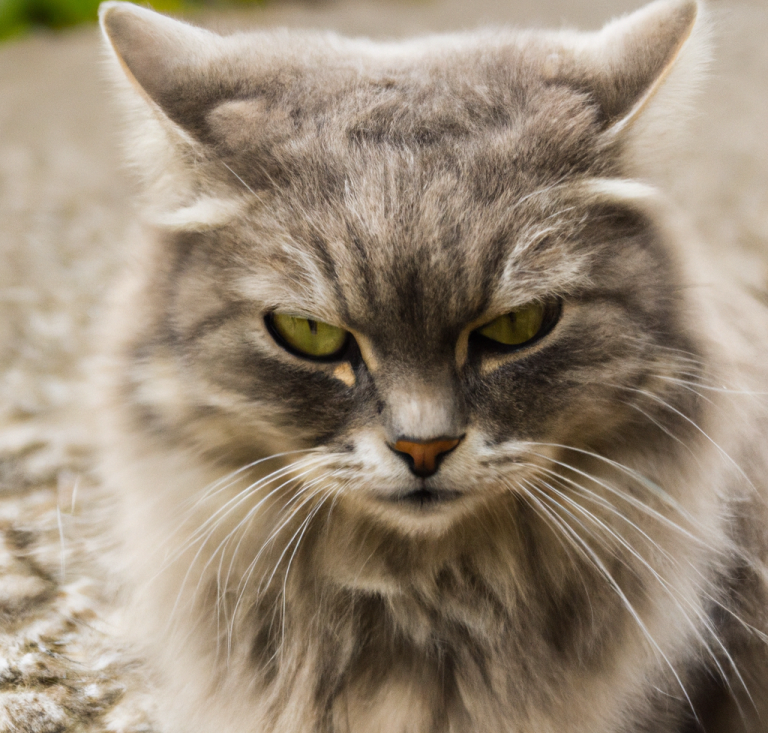 Graue Katze mit einem ernsten Blick, im Freien auf einem Gehweg, Aggression, Depression, Streit, Wut, Frust
