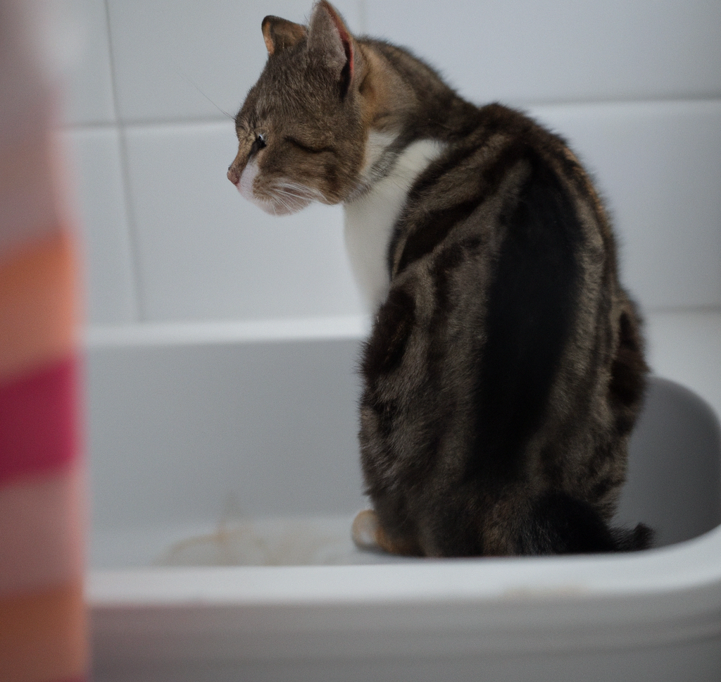 Katze sitzt in Katzenklo, Unsauberkeit, Harnmarkieren, Urinpfützen